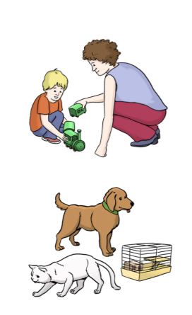 Verschiedene Haustiere und eine Frau die mit einem Kind spielt.
