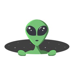 Green alien climbs out from the hole of space with stars. Extraterrestrial in flat cartoon style for t-shirt, print or textile.  Vector illustration.