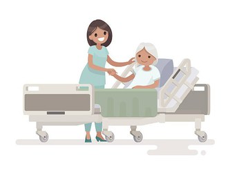 Hospitalization of the patient. A nurse taking care of a sick elderly woman lying in a medical bed. Vector illustration in a flat style